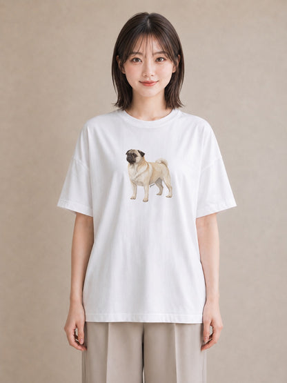 グラフィックTシャツ レディース パグ 犬 いぬ イラスト 旅行コーデ 春服 ミセス 白T