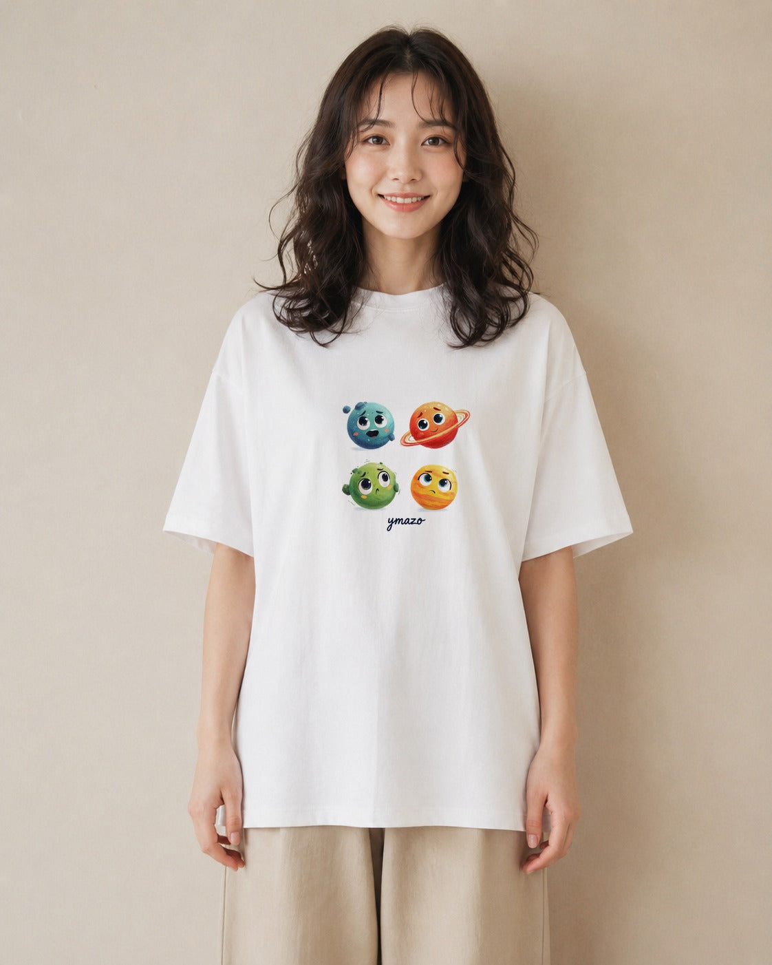 プリントTシャツ レディース 土星 星空 宇宙 イラスト 抜け感 春コーデ 姉妹 白T
