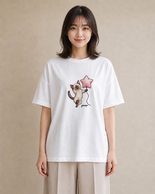 Tシャツ レディース シャム柄 猫 ねこ イラスト ナチュラル 母の日 ビーチ 白T