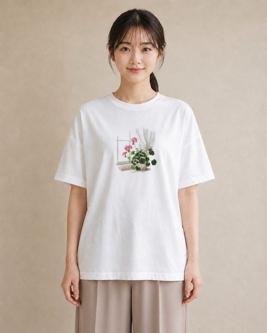 プリントTシャツ レディース 窓辺の雨 雨の日 窓 ナチュラル アンティーク イラスト 通勤 在宅 白T