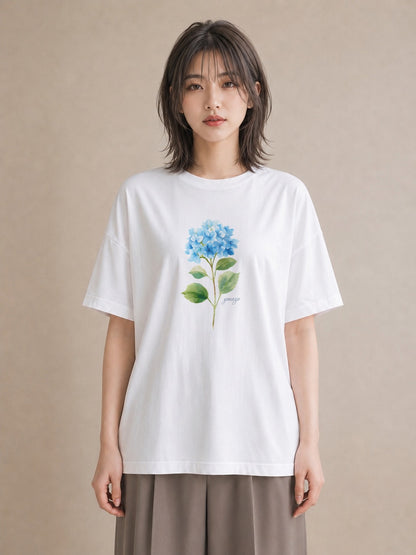 Tシャツ レディース あじさい 紫陽花 アジサイ 花 花柄 イラスト ヴィンテージ風 カフェ巡り 女子会 白T