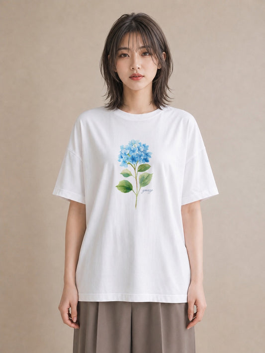 Tシャツ レディース あじさい 紫陽花 アジサイ 花 花柄 イラスト ヴィンテージ風 カフェ巡り 女子会 白T