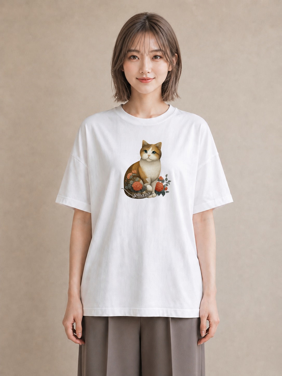 Tシャツ レディース 茶トラ 茶猫 猫 ねこ イラスト 水彩風 公園 ママ 白T