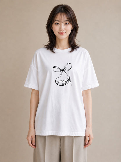 グラフィックTシャツ レディース リボン ボウ りぼん イラスト 個性的 ラフ レイヤード 白T