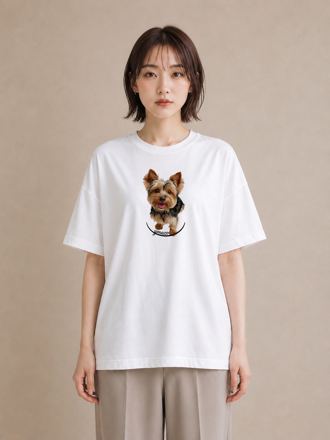 プリントTシャツ レディース ヨークシャーテリア 犬 いぬ イラスト ニュアンス 海 カフェ巡り 白T