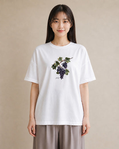 デザインTシャツ レディース ぶどう 葡萄 食べ物 フード イラスト カジュアル ママ カフェ服 白T