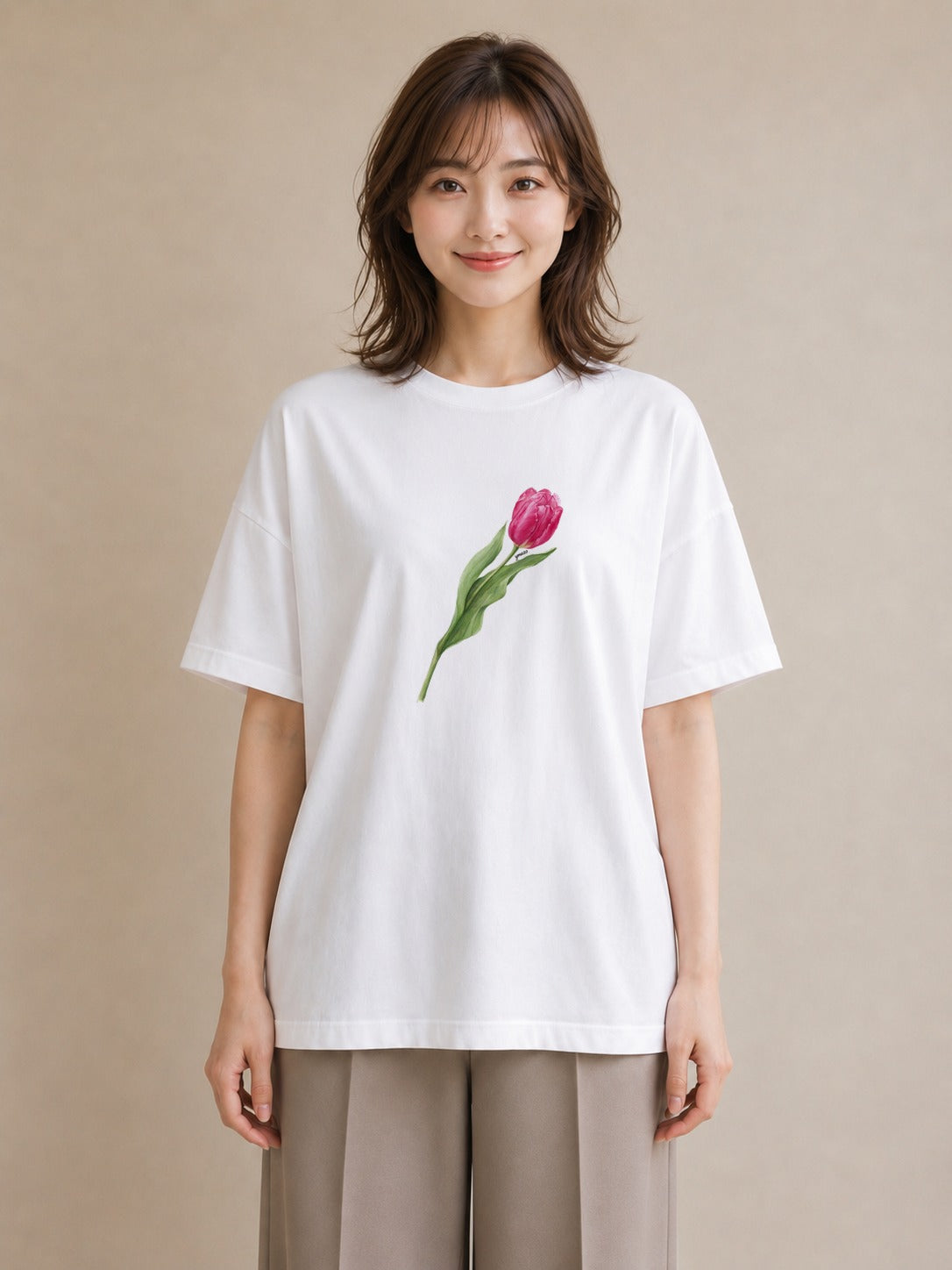 プリントTシャツ レディース チューリップ 花 花柄 イラスト 手描き風 カフェ服 クリスマス 白T