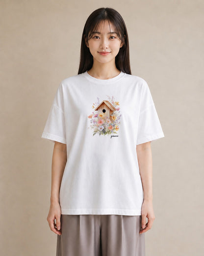 デザインTシャツ レディース 遠い家と鳥 風景 鳥 ナチュラル アンティーク イラスト ゆるコーデ 海 カフェ巡り 白T