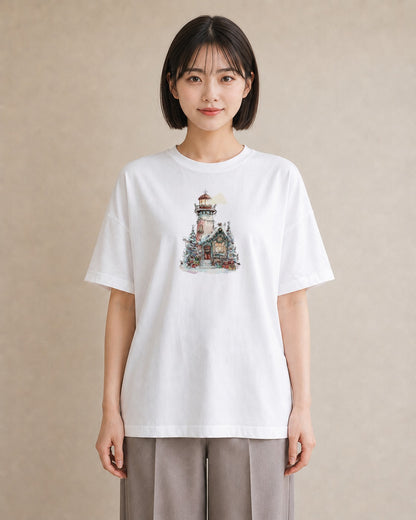 プリントTシャツ レディース 灯台 霧 海 ナチュラル アンティーク イラスト カジュアル 姉妹 送別ギフト 白T