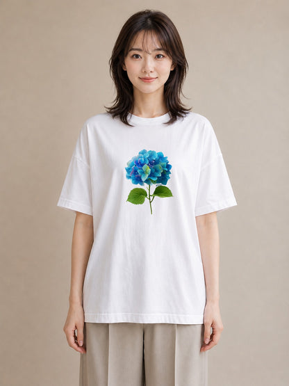 半袖Tシャツ レディース あじさい 紫陽花 アジサイ 花 花柄 イラスト 可愛い 自分用 ルームウェア 白T