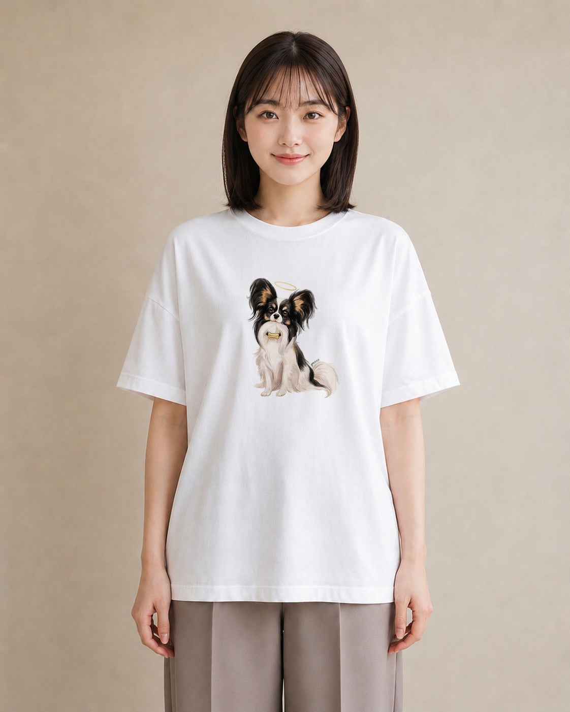 デザインTシャツ レディース パピヨン 犬 いぬ イラスト シック カフェ巡り 女子会 白T