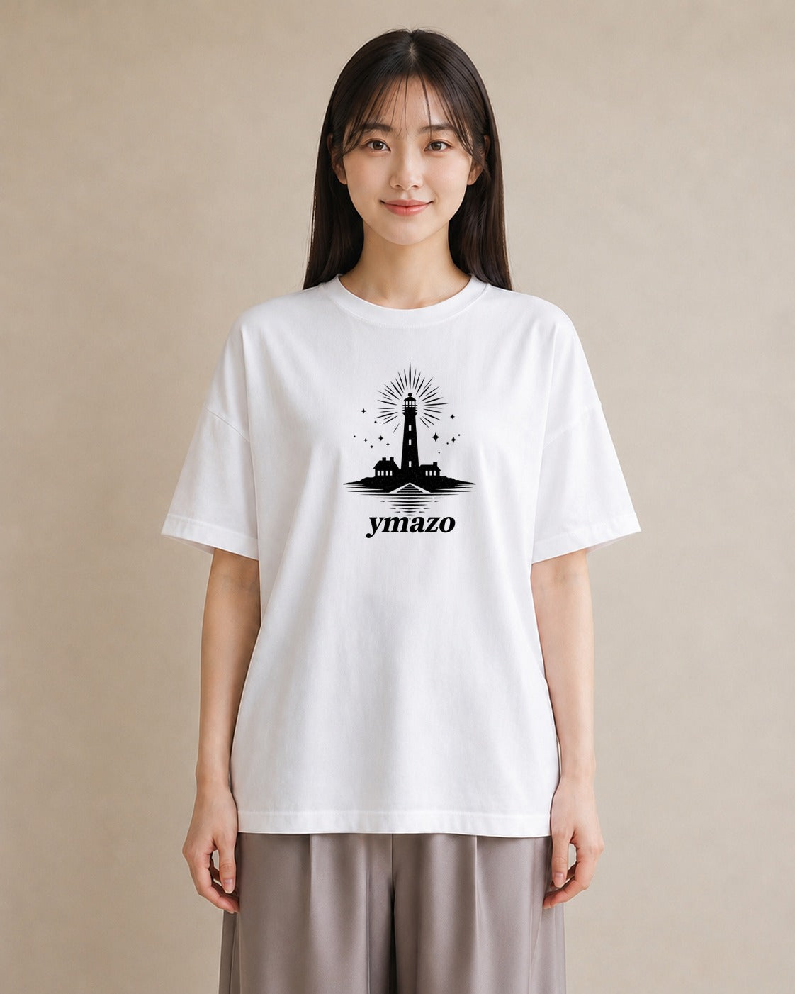 プリントTシャツ レディース 灯台 霧 海 ナチュラル アンティーク イラスト 上品 在宅 公園 白T