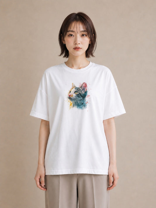 プリントTシャツ レディース ロシアンブルー 猫 ねこ イラスト ビーチ デイリーウェア 白T
