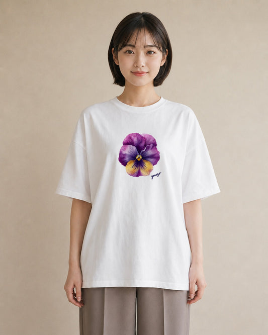 Tシャツ レディース スミレ 花 花柄 イラスト ヴィンテージ風 海 カフェ巡り 白T