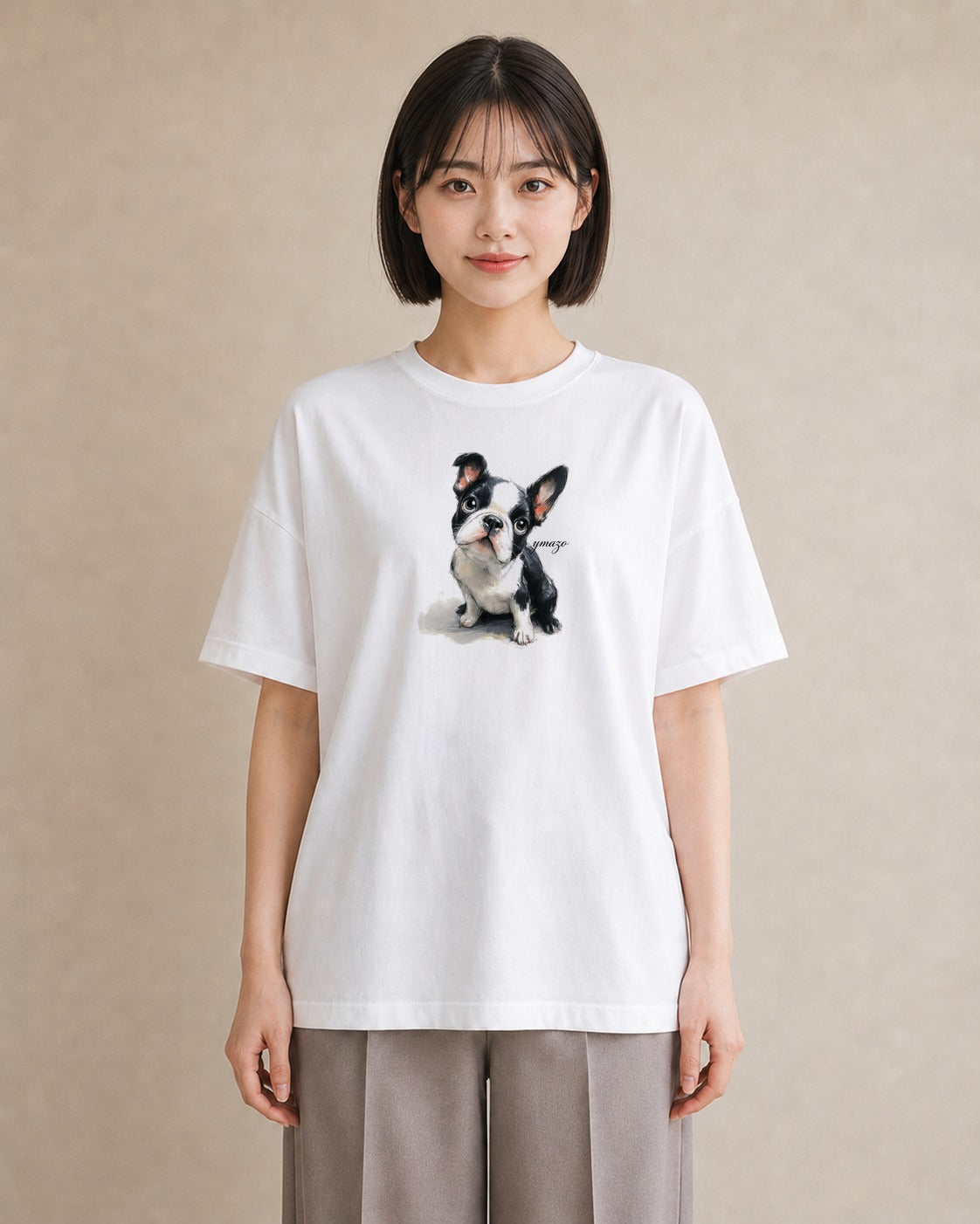 Tシャツ レディース ボストンテリア 犬 いぬ イラスト お洒落 ペアコーデ 秋コーデ 白T