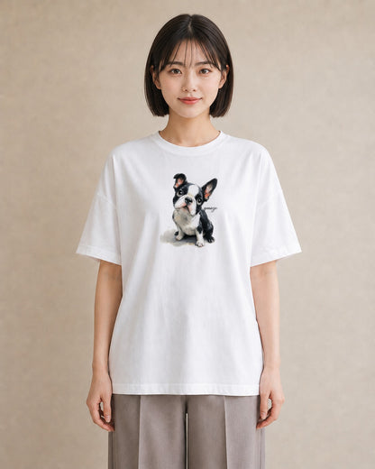 Tシャツ レディース ボストンテリア 犬 いぬ イラスト お洒落 ペアコーデ 秋コーデ 白T