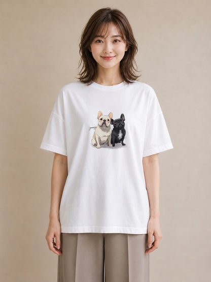 グラフィックTシャツ レディース フレンチブルドッグ フレブル 犬 いぬ イラスト 韓国風 カフェ巡り 女子会 白T