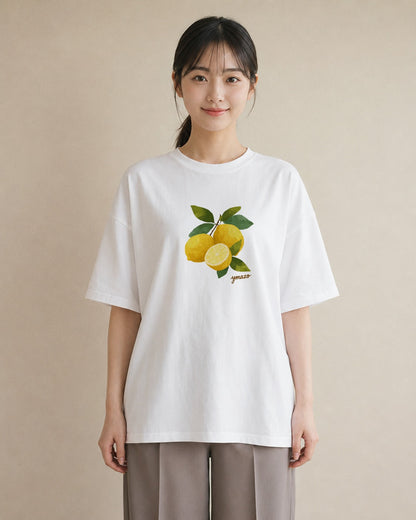 半袖Tシャツ レディース レモン 檸檬 食べ物 フード イラスト モード 送別ギフト 通勤 白T