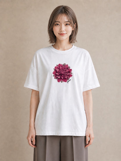 半袖Tシャツ レディース 牡丹 花 花柄 イラスト 休日コーデ 社会人 女性 白T