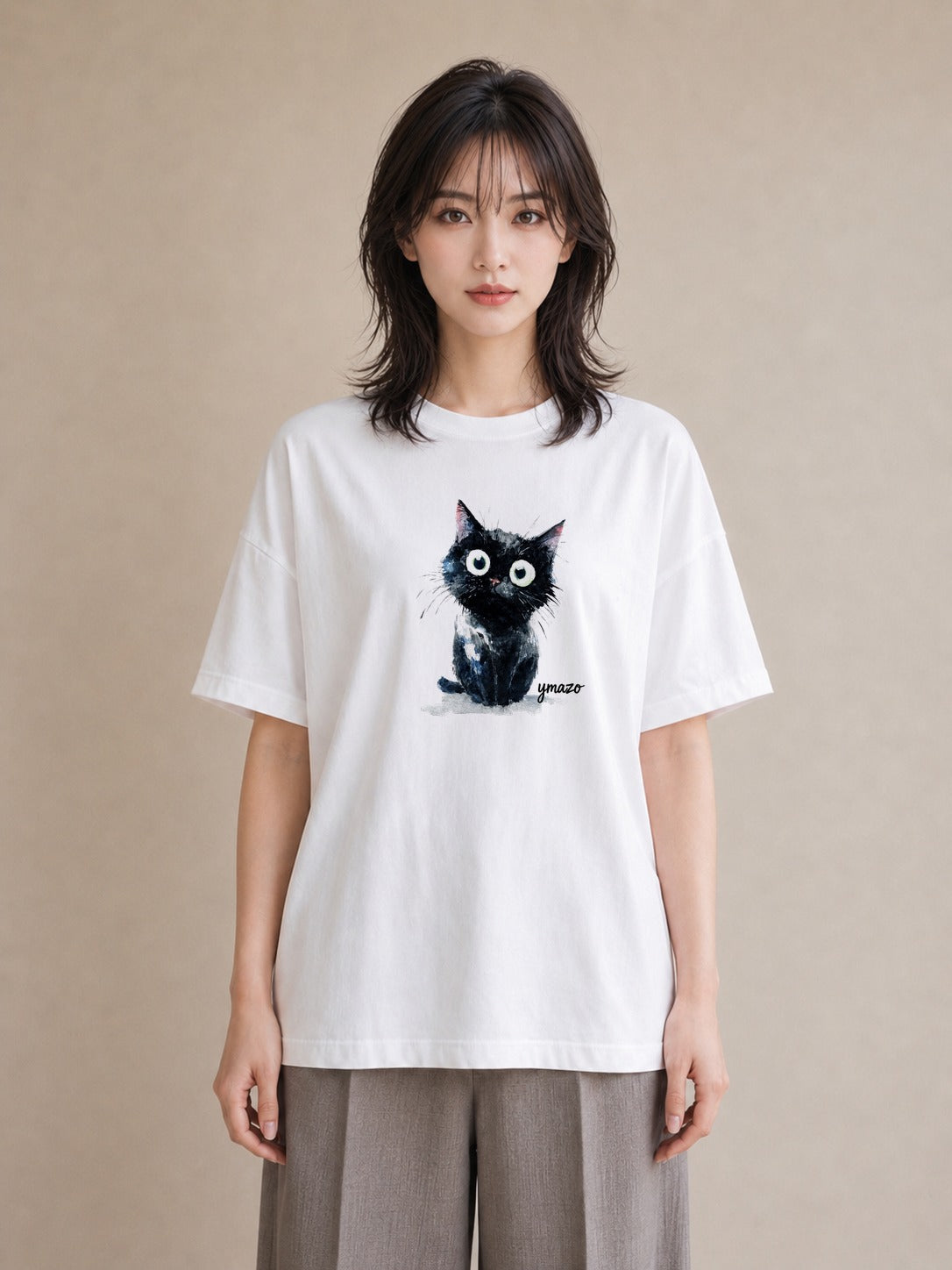 デザインTシャツ レディース ハチワレ 白黒猫 猫 ねこ イラスト 手描き風 母娘コーデ 自分用 白T