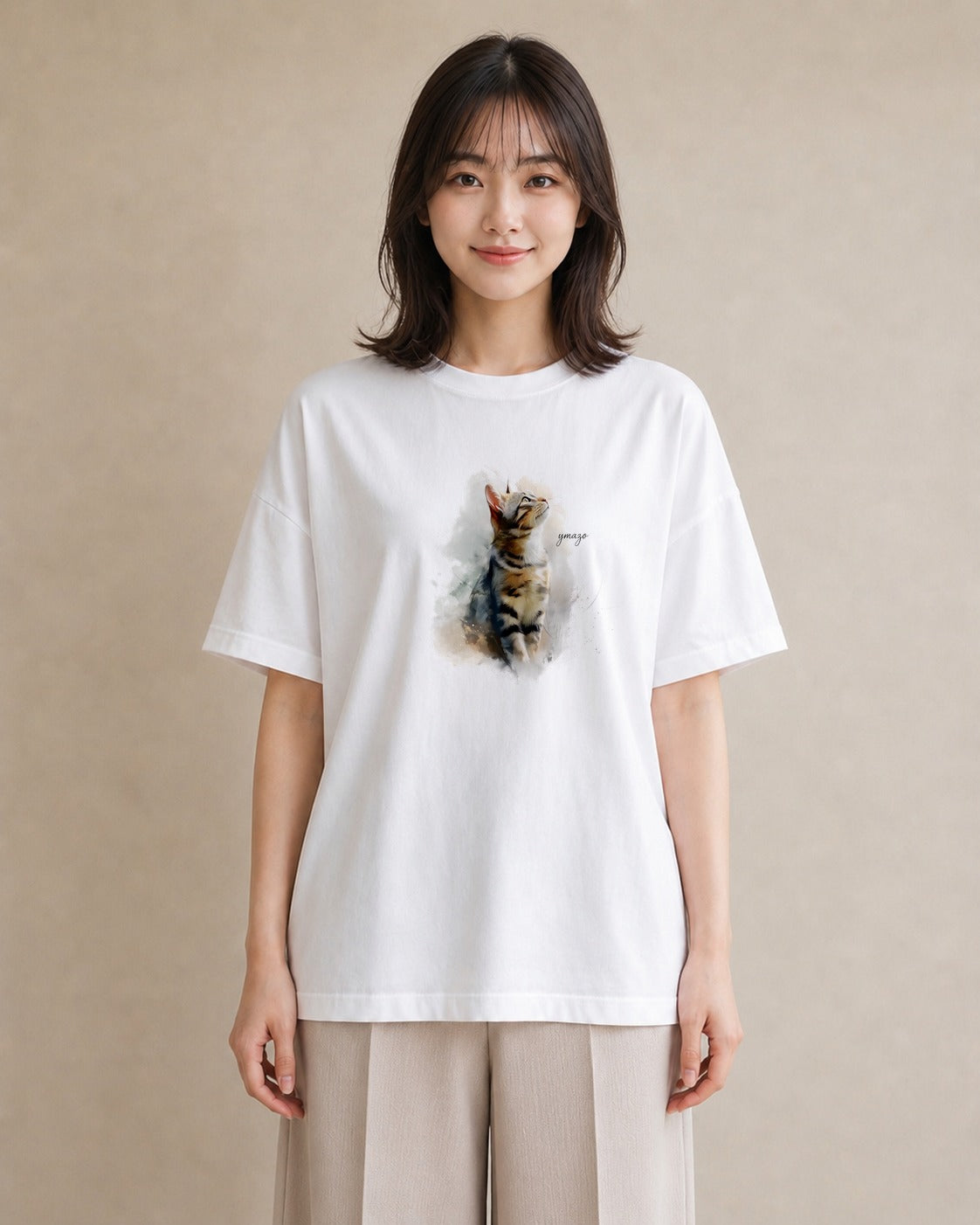 デザインTシャツ レディース メインクーン 猫 ねこ イラスト 韓国風 母の日 ビーチ 白T
