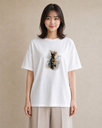 デザインTシャツ レディース メインクーン 猫 ねこ イラスト 韓国風 母の日 ビーチ 白T
