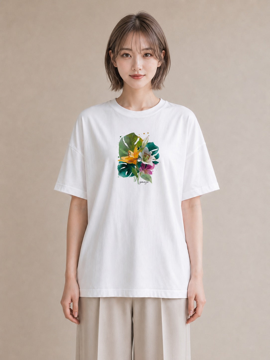 半袖Tシャツ レディース ゆり 百合 花 花柄 イラスト ニュアンス ラフ レイヤード 白T