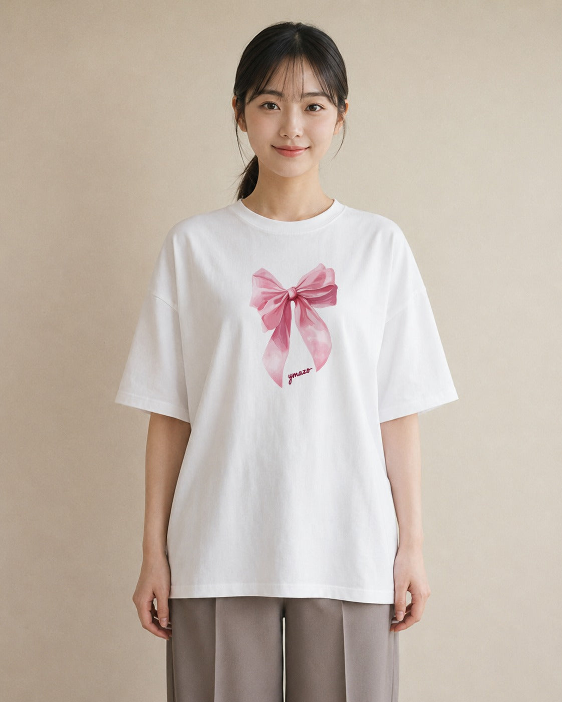 半袖Tシャツ レディース リボン 蝶結び ナチュラル アンティーク イラスト モード ペアコーデ 秋コーデ 白T