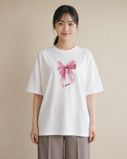 半袖Tシャツ レディース リボン 蝶結び ナチュラル アンティーク イラスト モード ペアコーデ 秋コーデ 白T