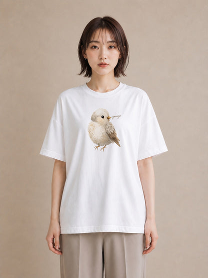 デザインTシャツ レディース 遠い家と鳥 風景 鳥 ナチュラル アンティーク イラスト 線画 母の日 ビーチ 白T
