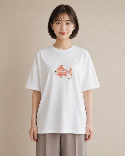 デザインTシャツ レディース メダカ ペット 動物 イラスト ニュアンス デイリーウェア 休日 白T