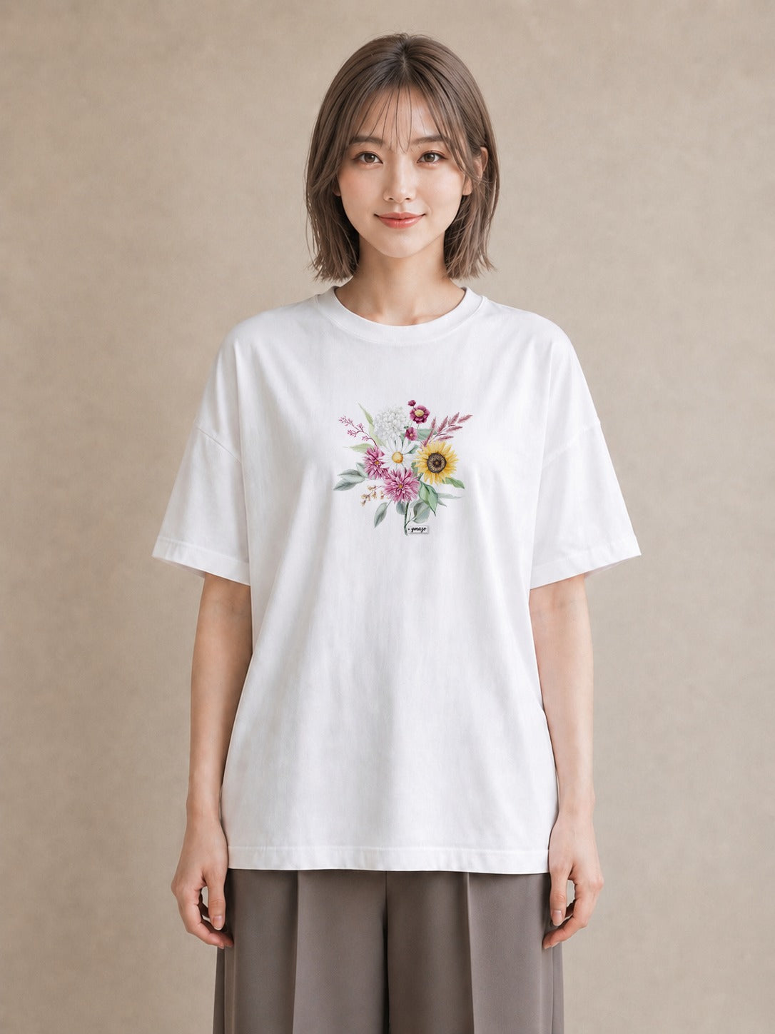 デザインTシャツ レディース ひまわり 向日葵 花 花柄 イラスト ナチュラル 母の日 ビーチ 白T