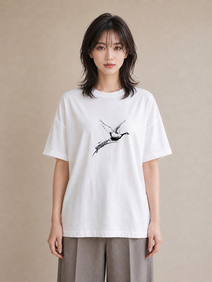 Tシャツ レディース ハクチョウ 動物 アニマル イラスト フェミニン 通勤 在宅 白T