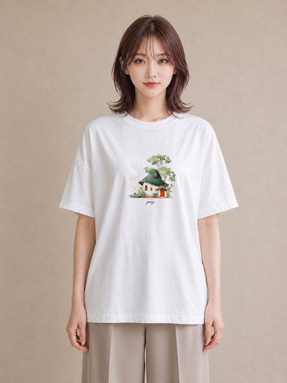 半袖Tシャツ レディース 遠い家と鳥 風景 鳥 ナチュラル アンティーク イラスト カフェコーデ 部屋着 女性向けギフト 白T