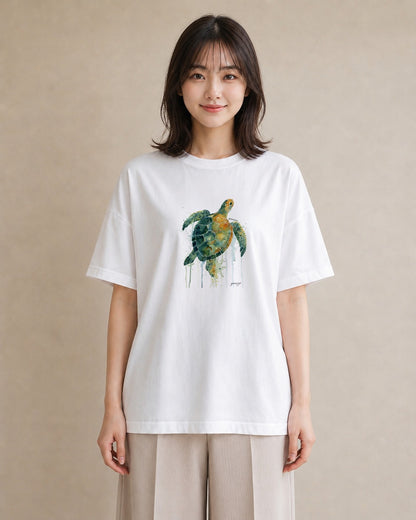 Tシャツ レディース ウミガメ 海の生き物 海 イラスト ヴィンテージ風 散歩 お出かけ 白T