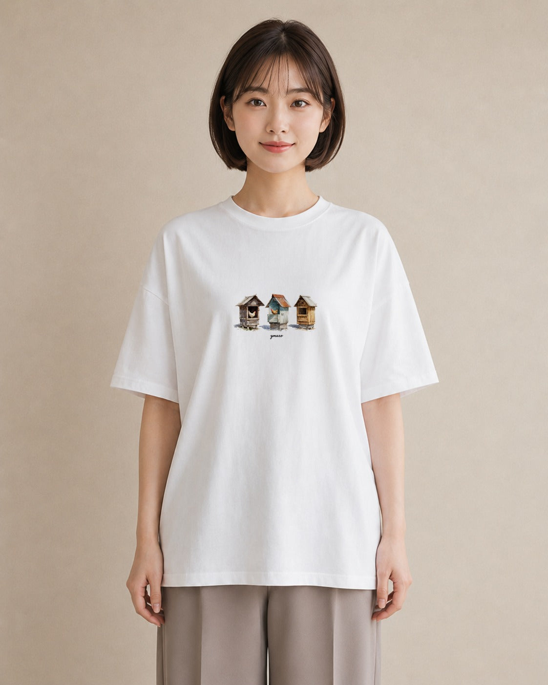 半袖Tシャツ レディース 遠い家と鳥 風景 鳥 ナチュラル アンティーク イラスト 北欧風 海 カフェ巡り 白T