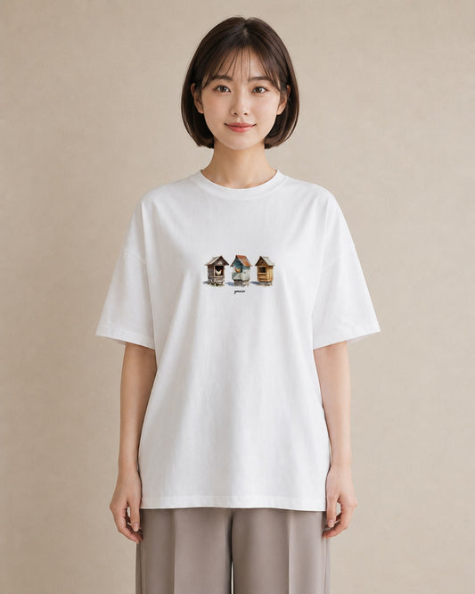 半袖Tシャツ レディース 遠い家と鳥 風景 鳥 ナチュラル アンティーク イラスト 北欧風 海 カフェ巡り 白T