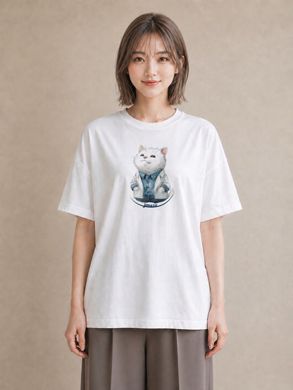 半袖Tシャツ レディース 猫 ねこ イラスト カジュアル 散歩 お出かけ 白T