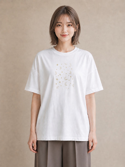 プリントTシャツ レディース 月と星 星空 ムーン イラスト フェミニン 敬老の日 ホワイトデー 白T