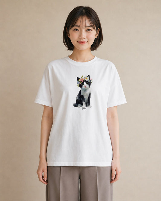 デザインTシャツ レディース 靴下猫 猫 ねこ イラスト ゆるコーデ 通勤 在宅 白T