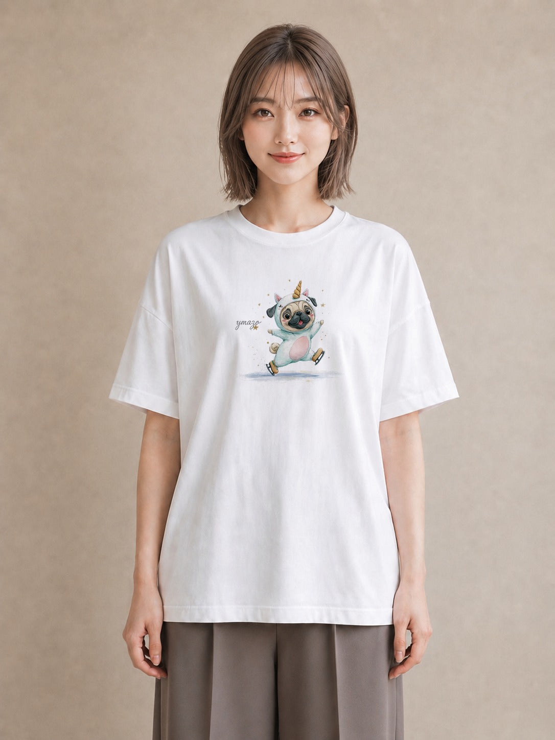プリントTシャツ レディース パグ 犬 いぬ イラスト ニュアンス 社会人 女性 白T