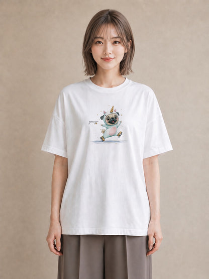 プリントTシャツ レディース パグ 犬 いぬ イラスト ニュアンス 社会人 女性 白T