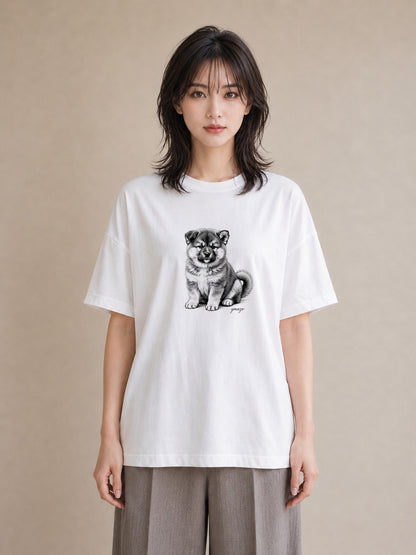 半袖Tシャツ レディース 秋田犬 犬 いぬ イラスト 抜け感 カジュアルコーデ 買い物 白T