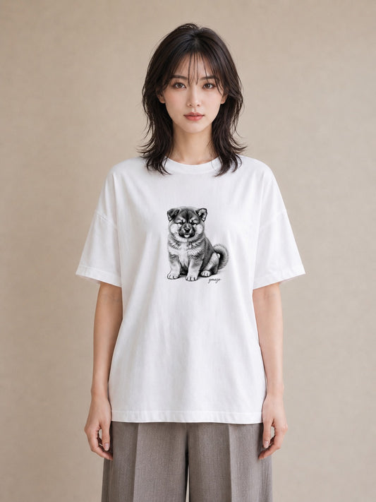 半袖Tシャツ レディース 秋田犬 犬 いぬ イラスト 抜け感 カジュアルコーデ 買い物 白T