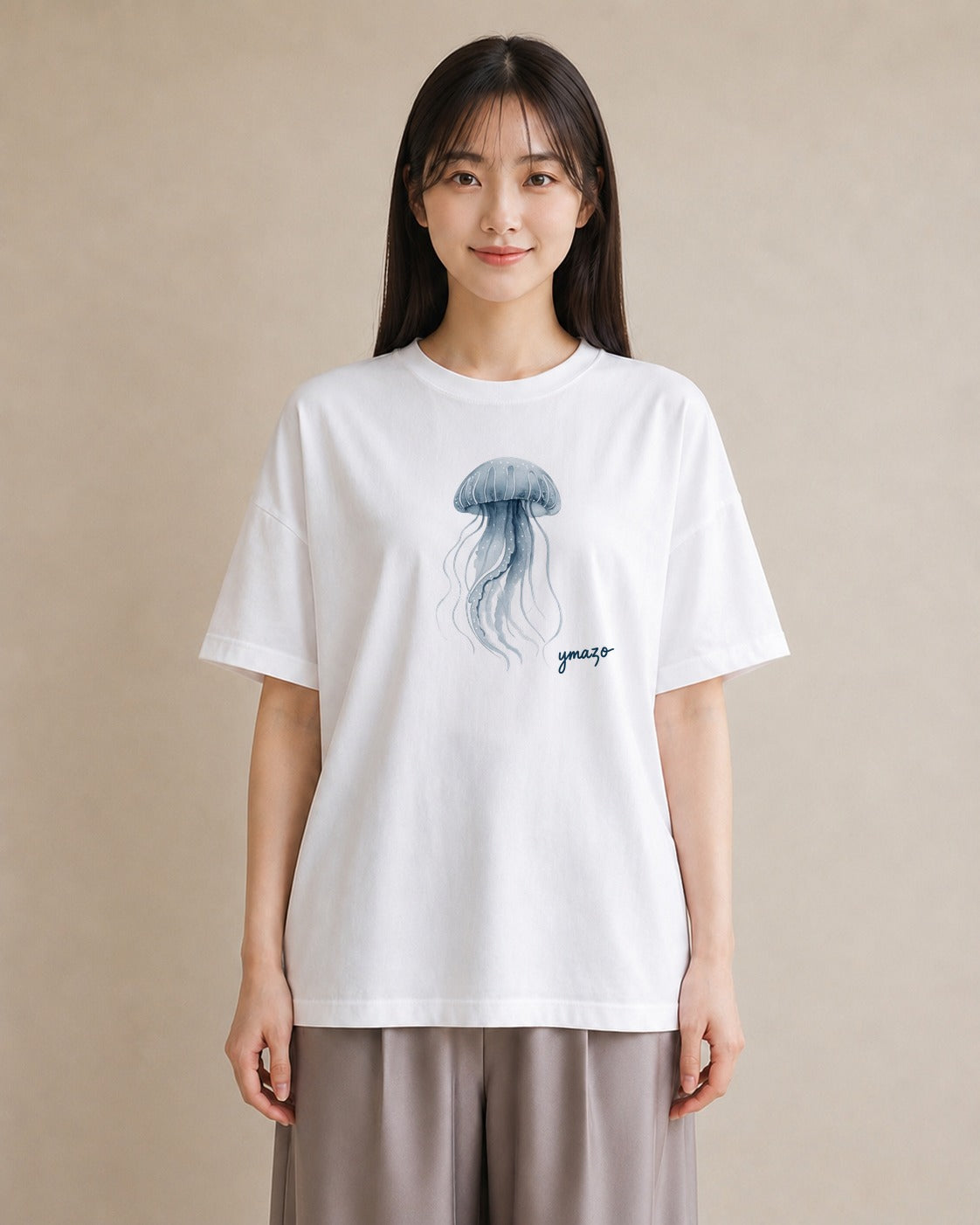 プリントTシャツ レディース イカ 海の生き物 海 イラスト 線画 在宅 公園 白T