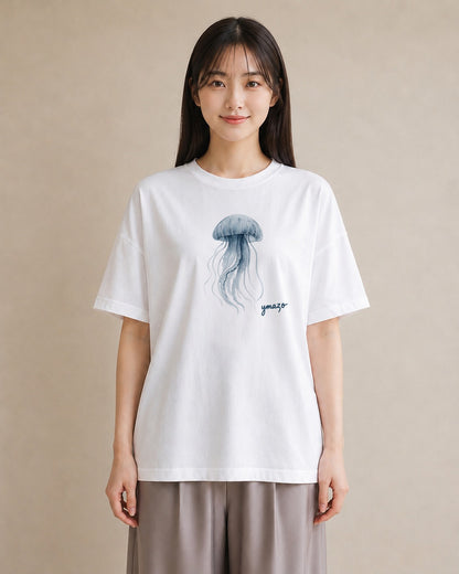 プリントTシャツ レディース イカ 海の生き物 海 イラスト 線画 在宅 公園 白T