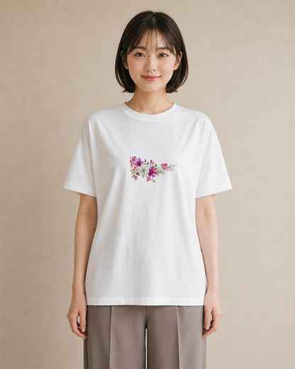 半袖Tシャツ レディース コスモス 秋桜 花 花柄 イラスト ミニマル 誕生日プレゼント 綿100 白T