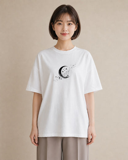 プリントTシャツ レディース 月と星 星空 ムーン イラスト カフェ巡り 女子会 白T