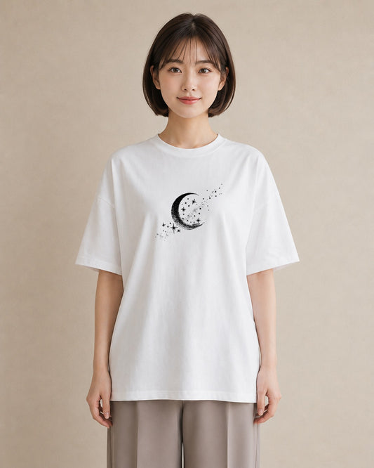 プリントTシャツ レディース 月と星 星空 ムーン イラスト カフェ巡り 女子会 白T