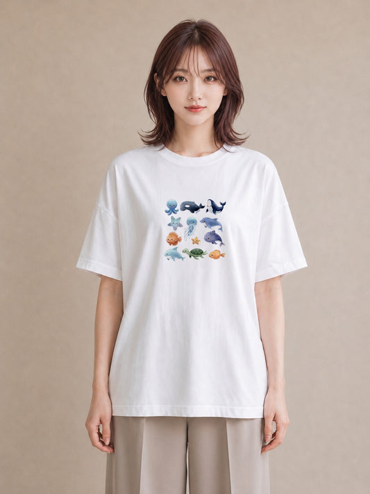 グラフィックTシャツ レディース イルカ 海の生き物 海 イラスト 北欧風 通勤 在宅 白T
